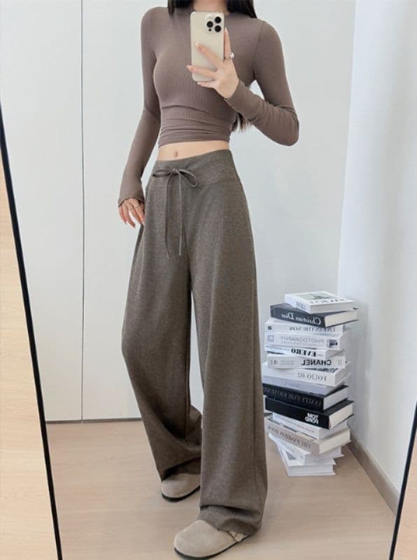 レディースワイドパンツ 韓国風紐付きワイドパンツ女性用ボトムス3色展開