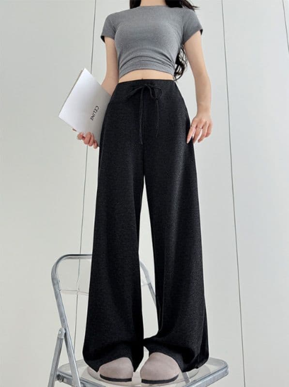 レディースワイドパンツ 韓国風紐付きワイドパンツ女性用ボトムス3色展開