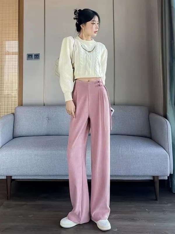 レディースワイドパンツ センタープレス入りハイウエストガウチョパンツ