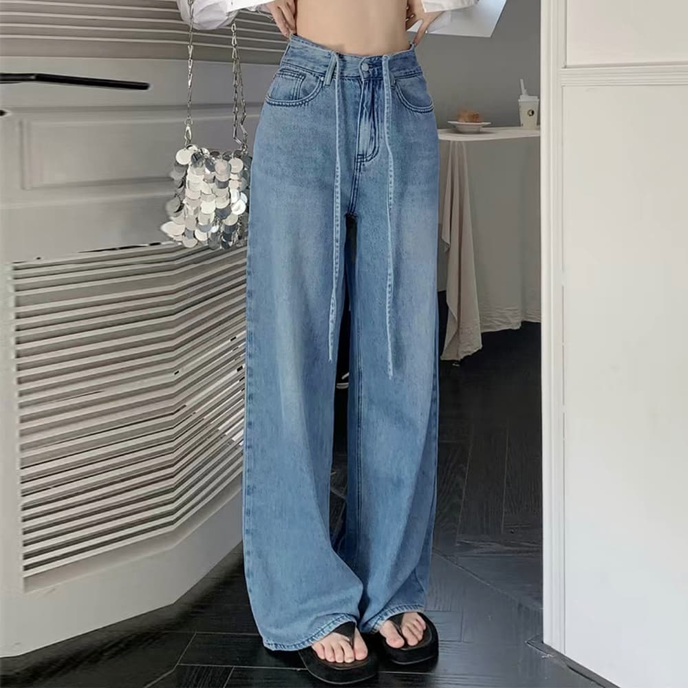 レディースワイドパンツ ハイウエスト紐付きデニムワイドパンツ