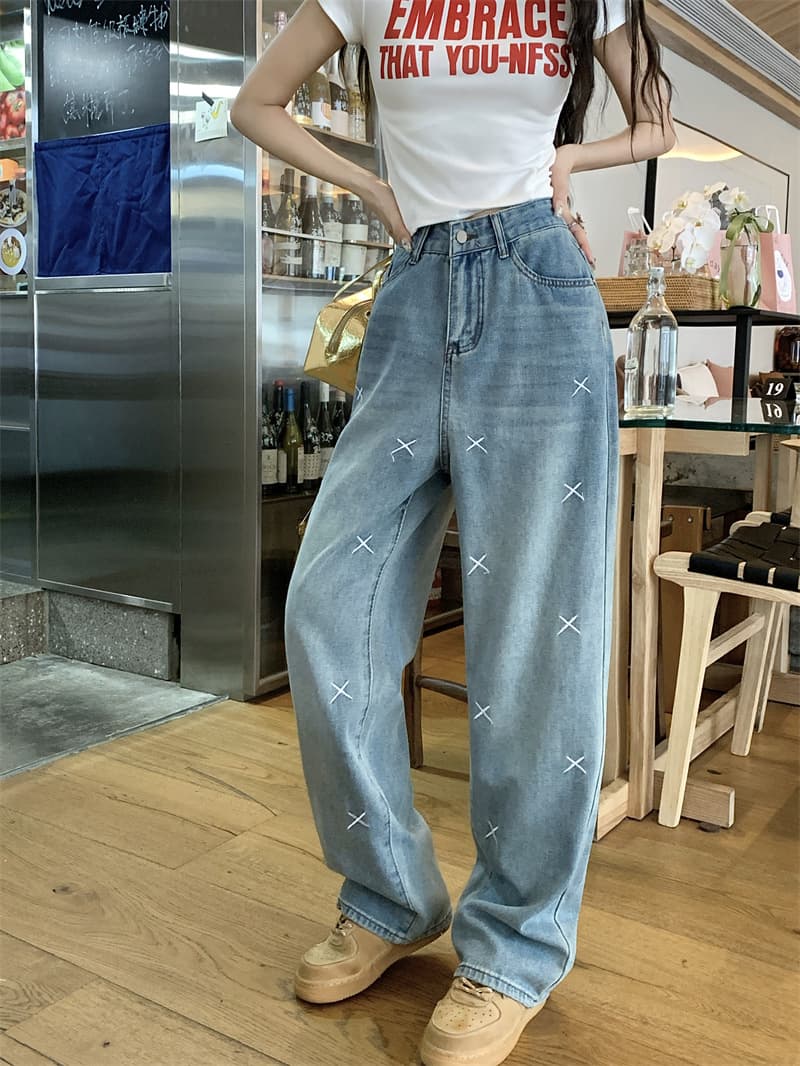 レディースワイドパンツ クロス刺繍デニムワイドパンツ ゆったりシルエット