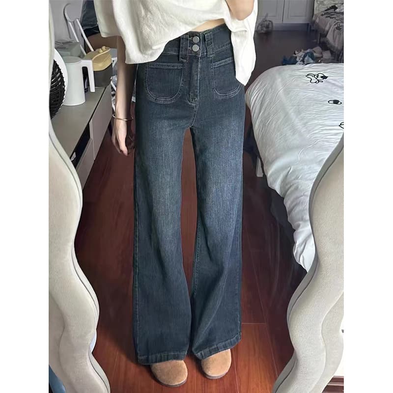 レディースワイドパンツ フロントポケット付きハイウエストフレアデニムパンツ