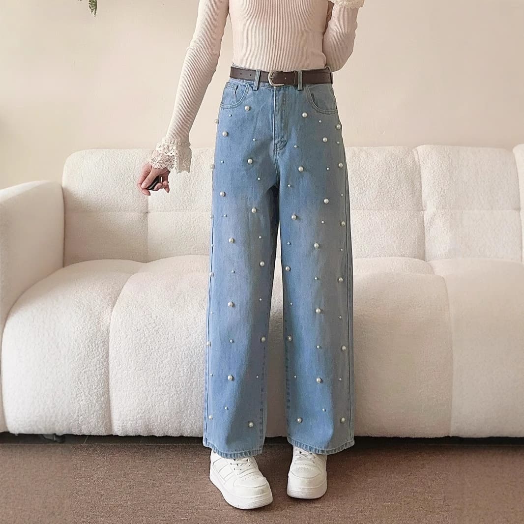 レディースワイドパンツ パール付きデニムワイドパンツ