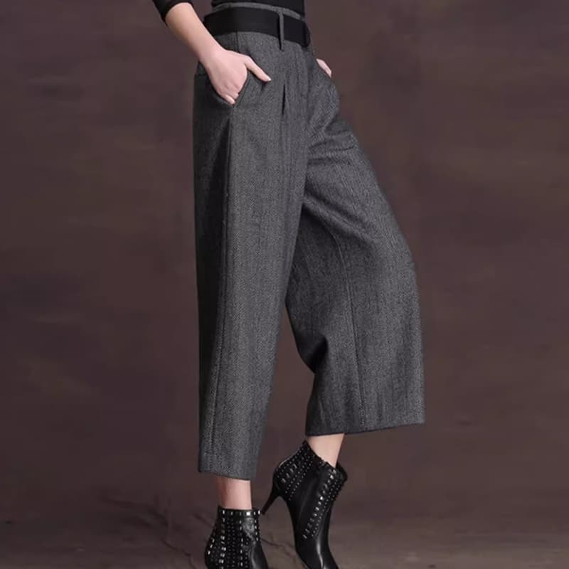 レディースワイドパンツ クロップド丈ベルト付きワイドパンツ