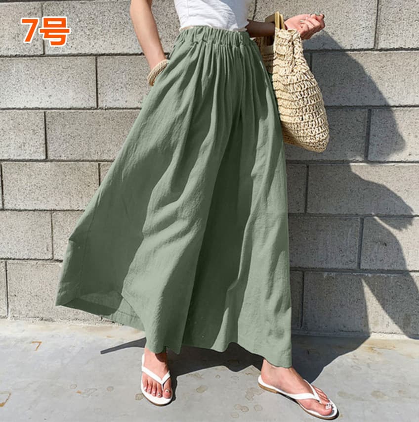 レディースワイドパンツ リネン風ワイドパンツ ガウチョパンツ 体型カバー ロング丈