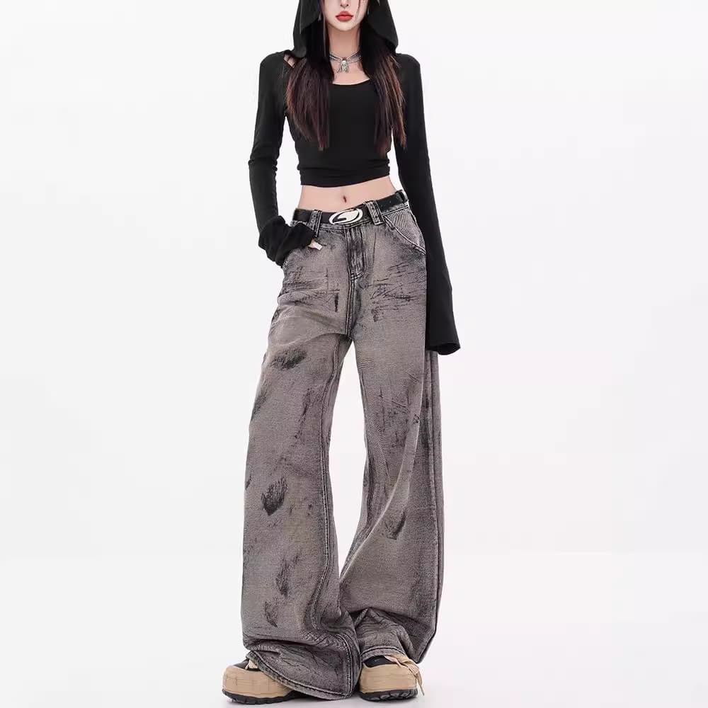 レディースワイドパンツ ストリート風ダメージ加工ワイドデニム