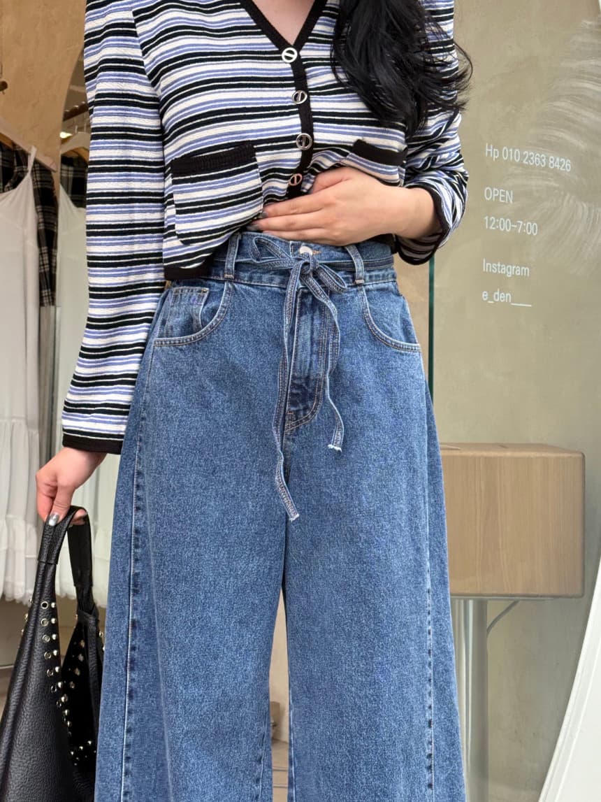 レディースワイドパンツ 上品な大人気質のウエストベルト付きルーズデニムワイドパンツ