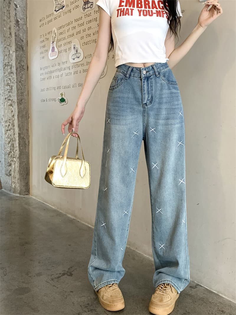 レディースワイドパンツ クロス刺繍デニムワイドパンツ ゆったりシルエット