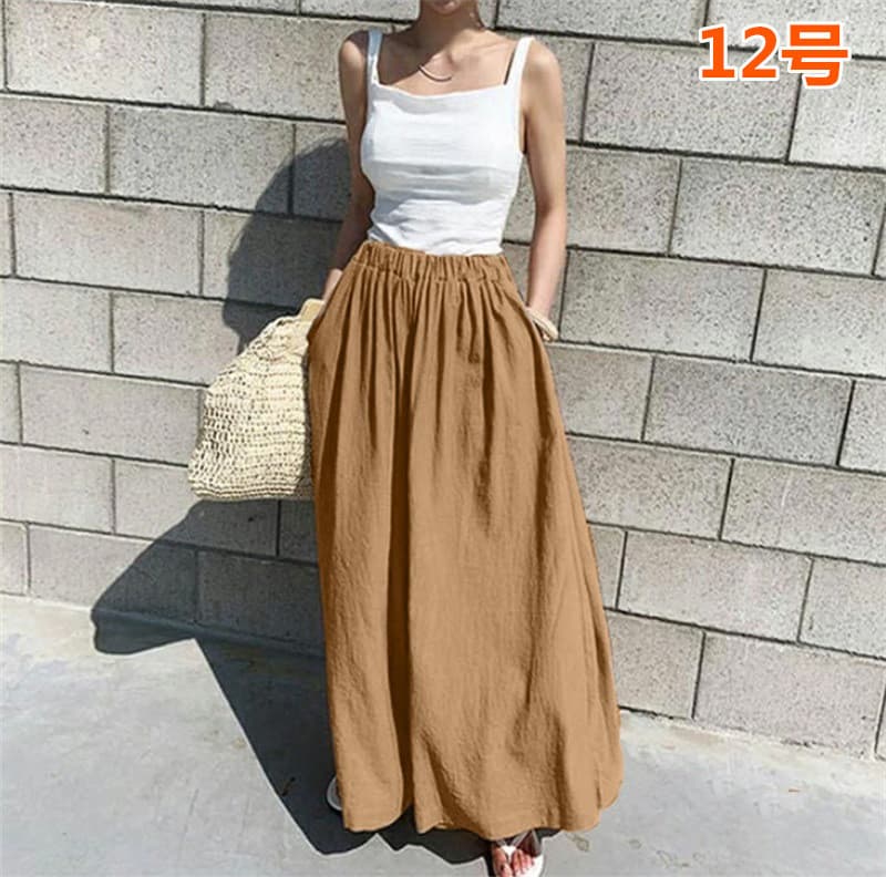 レディースワイドパンツ リネン風ワイドパンツ ガウチョパンツ 体型カバー ロング丈