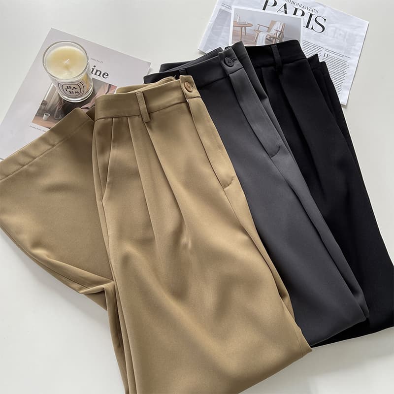 レディースワイドパンツ タックデザイン ゆったりハイウエストパンツ