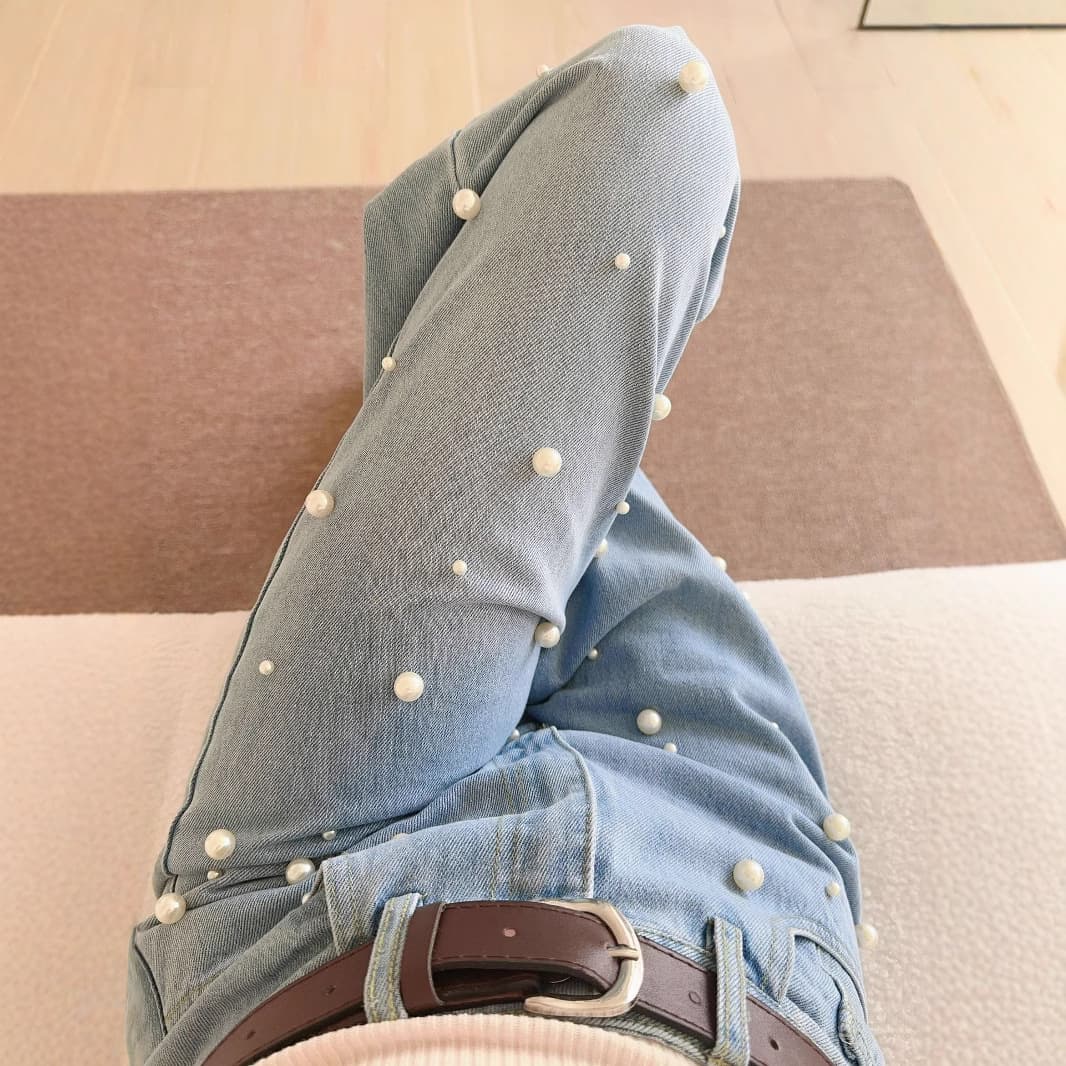 レディースワイドパンツ パール付きデニムワイドパンツ