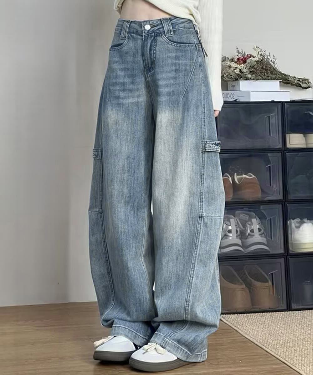 レディースワイドパンツ ワイドデニムパンツ韓国風ゆったりジーンズ