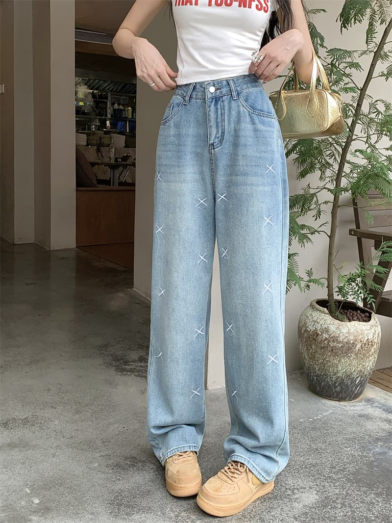 レディースワイドパンツ クロス刺繍デニムワイドパンツ ゆったりシルエット