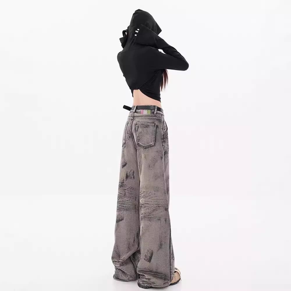 レディースワイドパンツ ストリート風ダメージ加工ワイドデニム