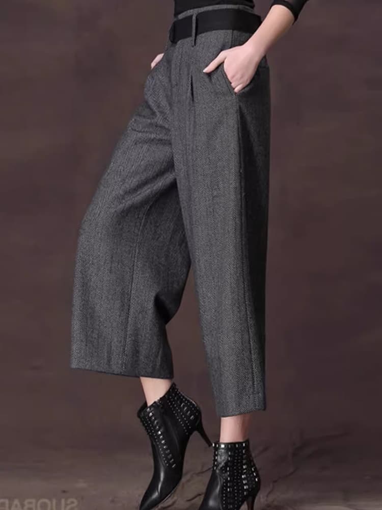 レディースワイドパンツ クロップド丈ベルト付きワイドパンツ