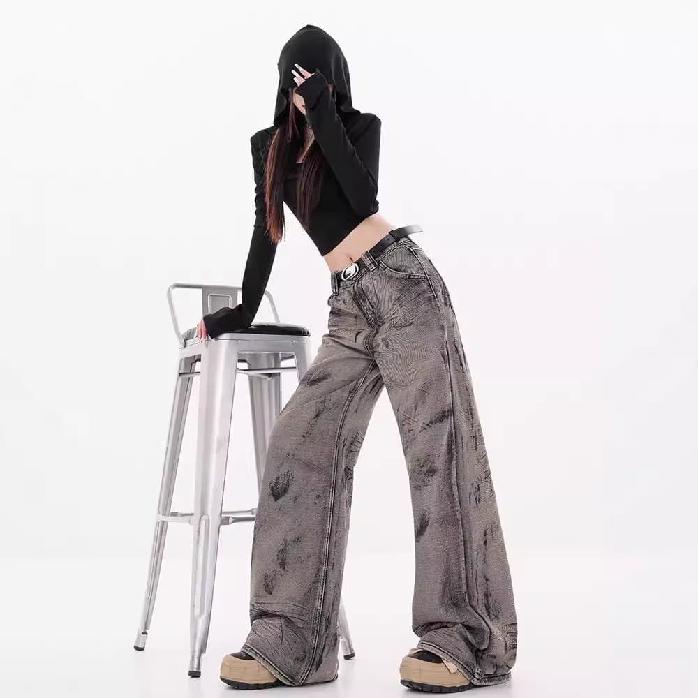 レディースワイドパンツ ストリート風ダメージ加工ワイドデニム