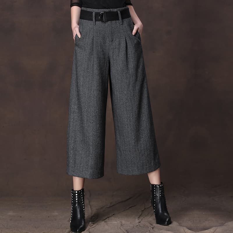 レディースワイドパンツ クロップド丈ベルト付きワイドパンツ