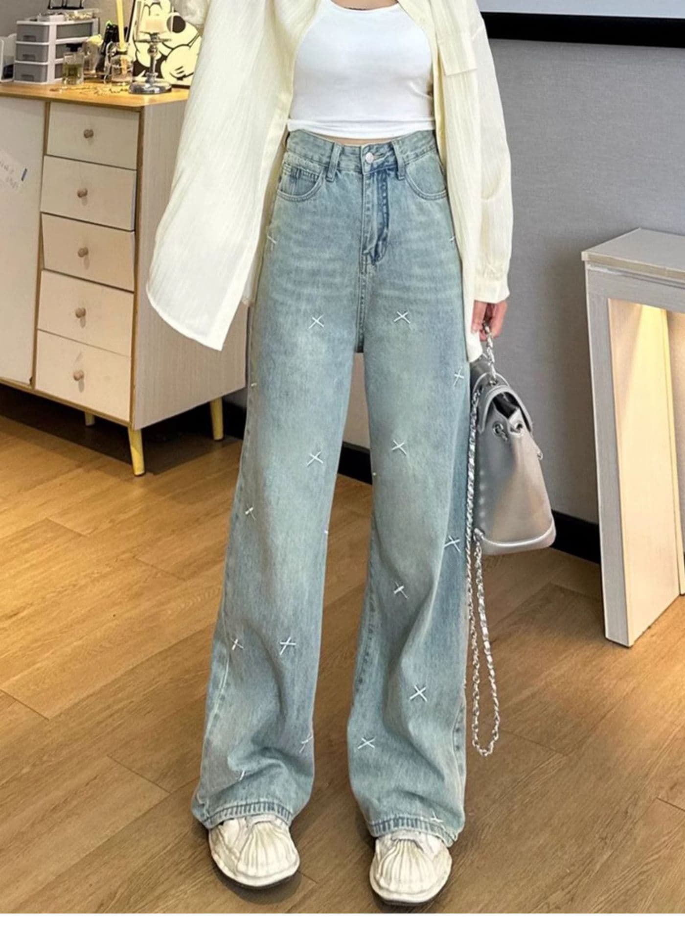 レディースワイドパンツ クロス刺繍デニムワイドパンツ ゆったりシルエット
