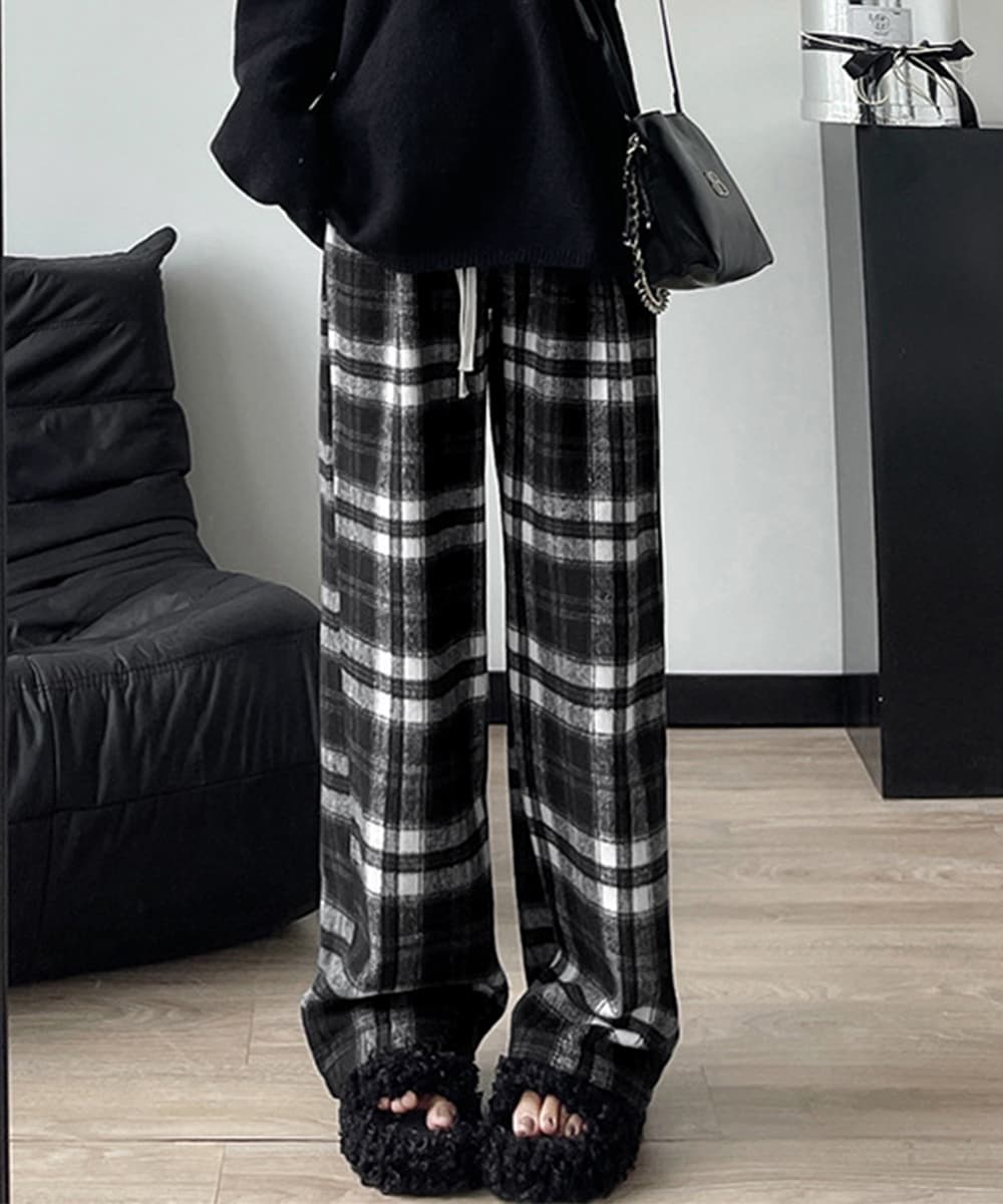 レディースワイドパンツ レトロチェック柄ハイウエスト暖かワイドパンツ