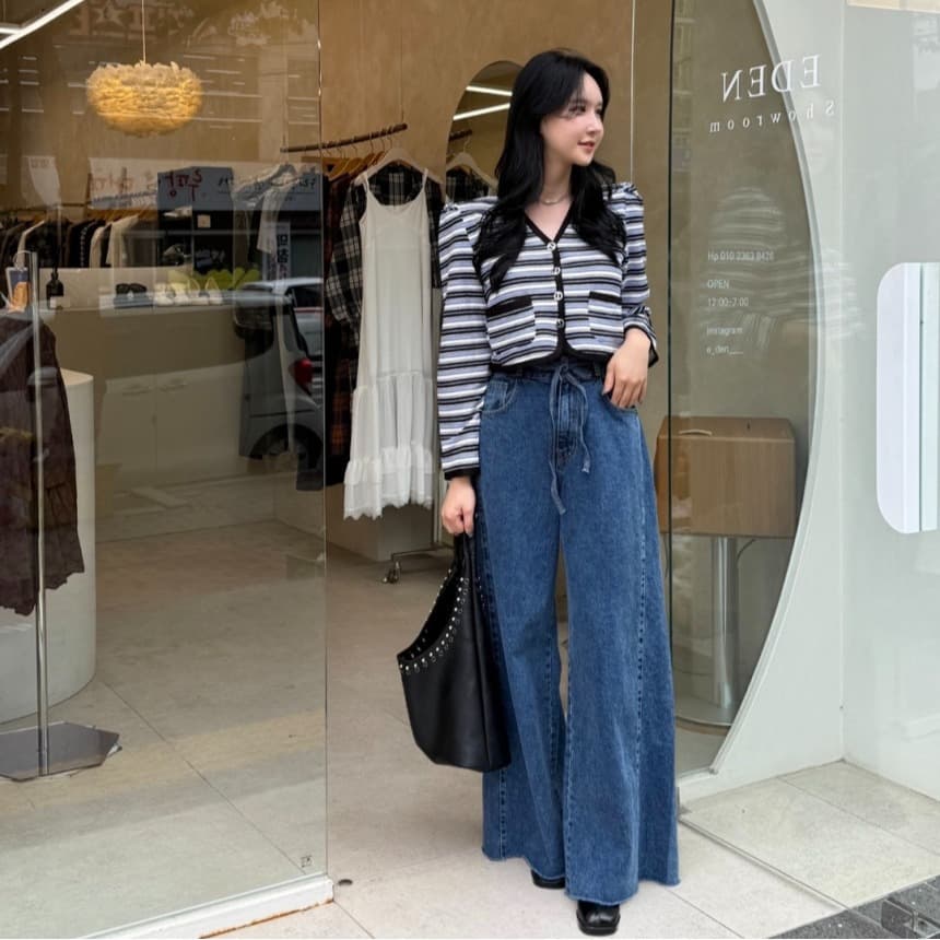 レディースワイドパンツ 上品な大人気質のウエストベルト付きルーズデニムワイドパンツ