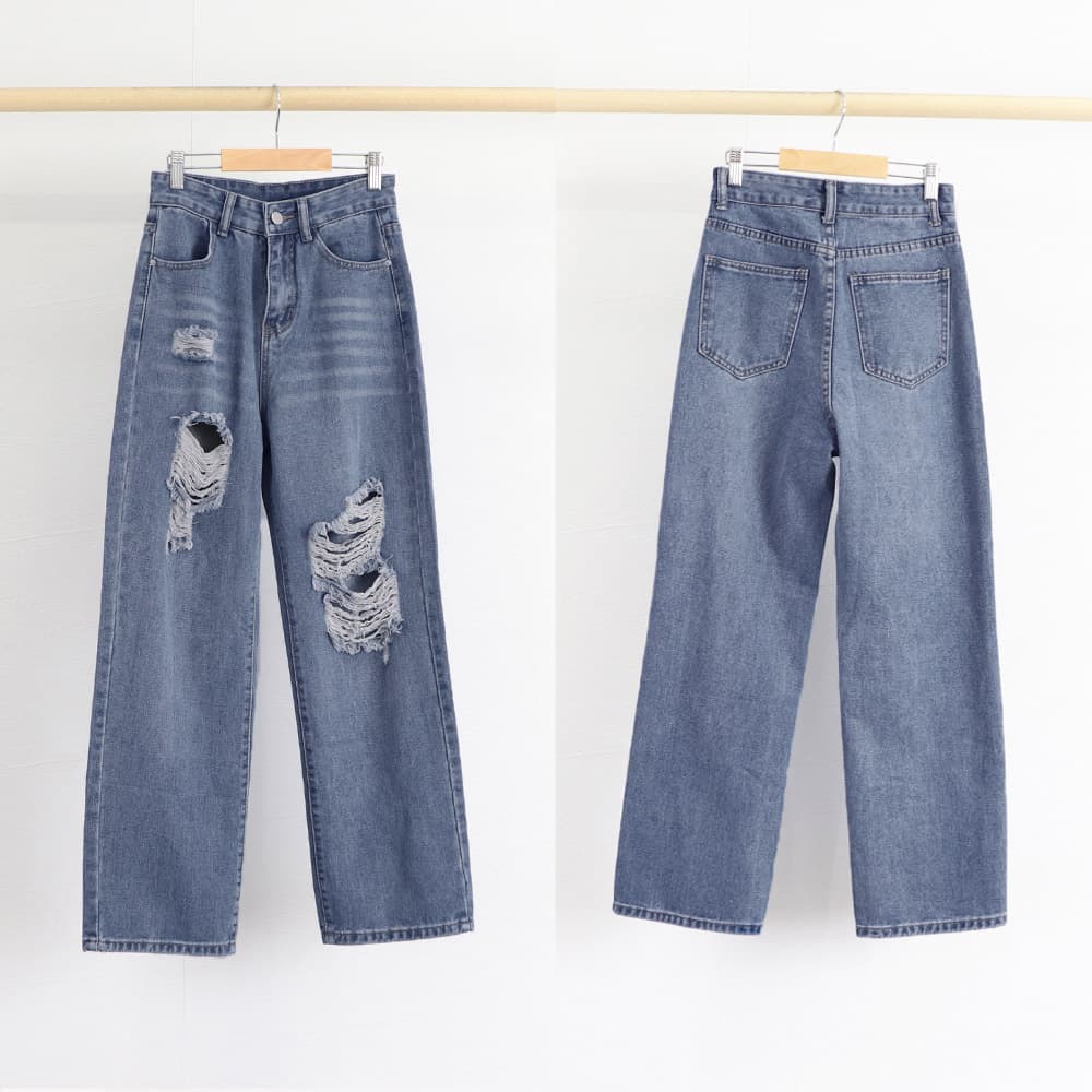 レディースワイドパンツ ハイウエストクラッシュデニムワイドパンツ
